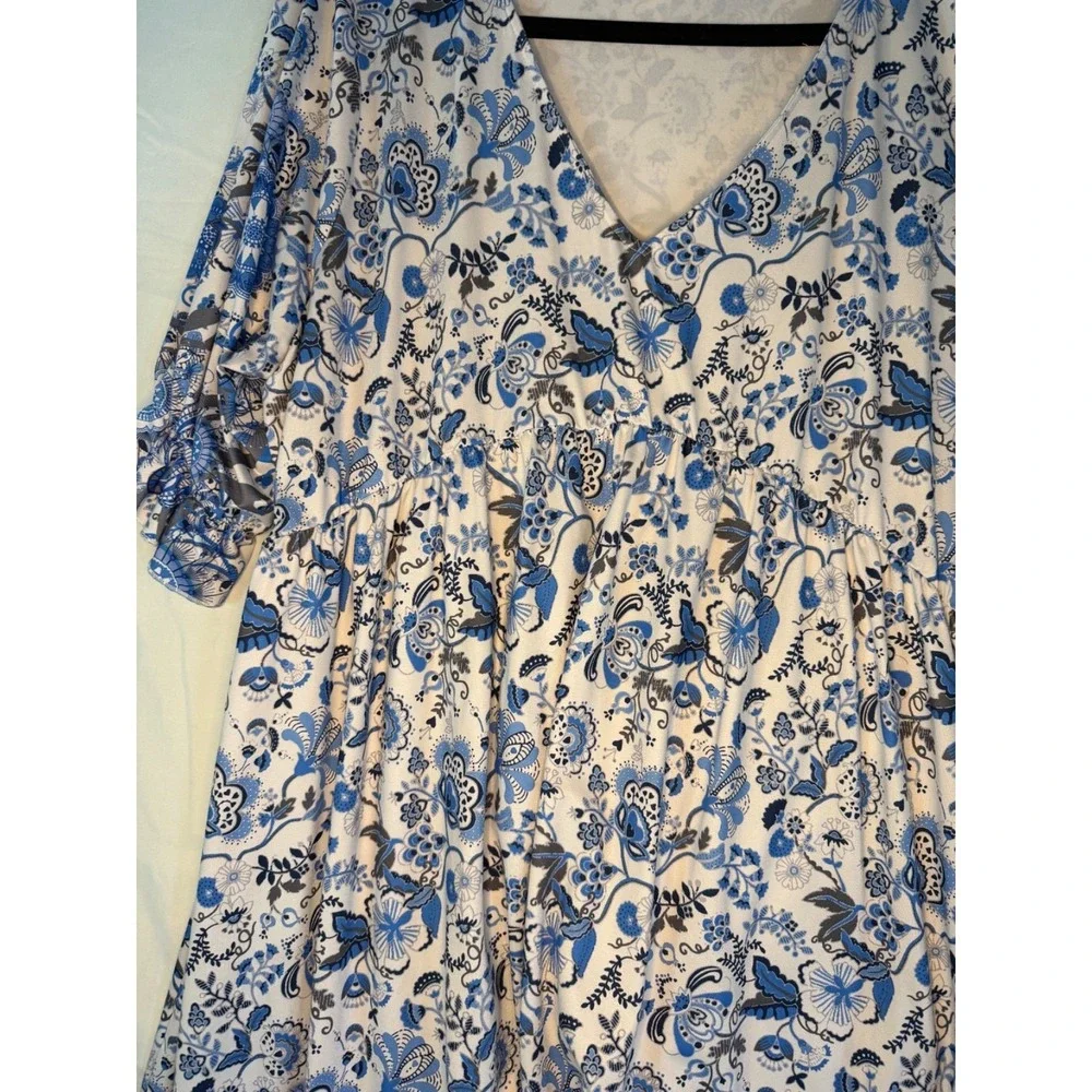 Pink Daisy womens blue & white floral 3/4 sleeve dress Sz 3x cottage core comfy - Picture 3 of 11